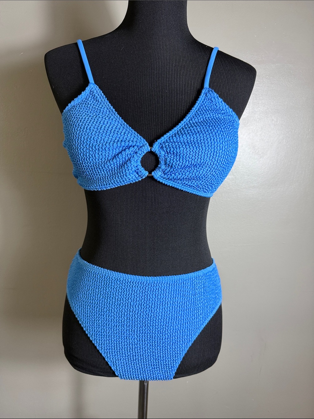 Blue Textured Ring-Front Bikini Top & High Waist Bottoms Sz M NEW
